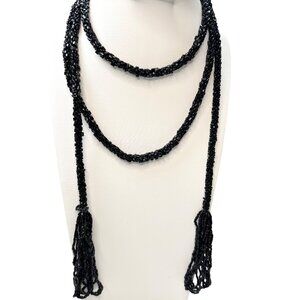 Black Beaded Flapper Rope Necklace With Fringe Tassels